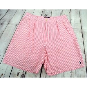 POLO RALPH LAUREN VINTAGE Pleated Seersucker Shorts SIZE 30 Pink Striped USA
